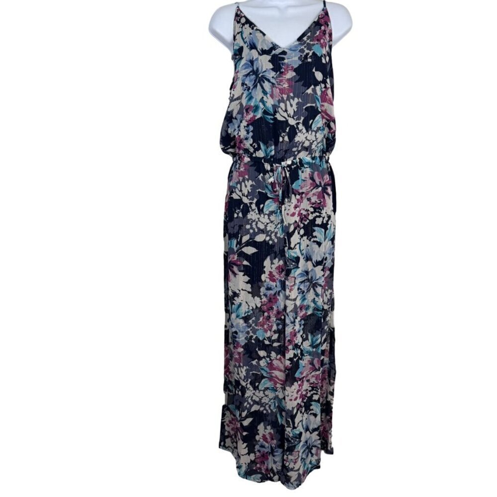 Three Eighty Two NEW Floral Multicolor Metallic Erin Cami Jumpsuit Sheer Tank M